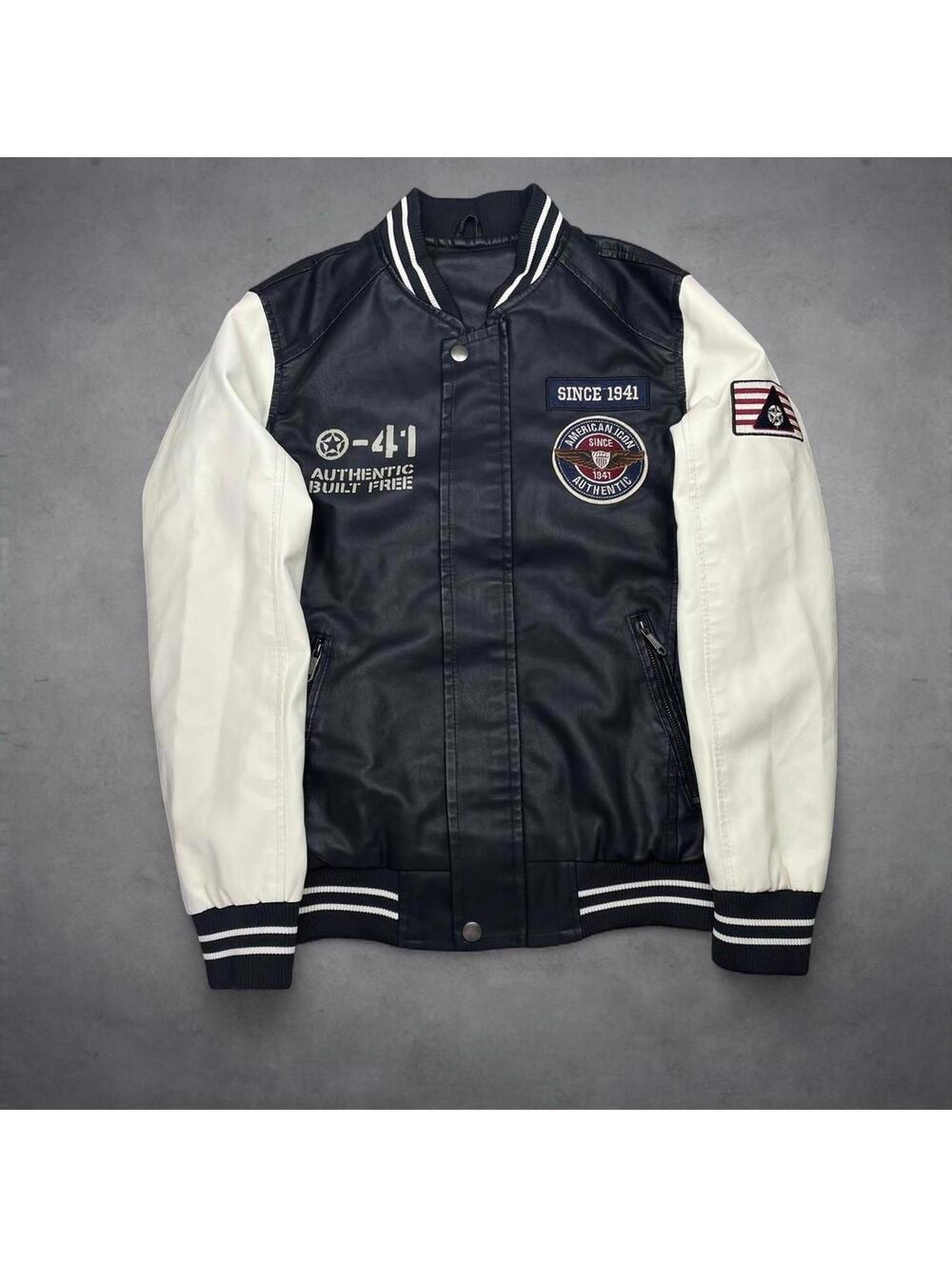 Jeep Spirit American Icon Varsity Jacket Black White Leather Men Size S